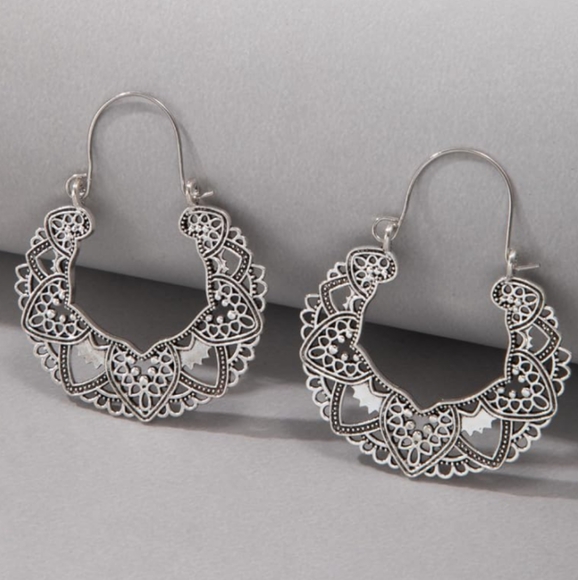 Ornate Silver Heart Filigree Statement Earrings Hoop Huggie Hoops New - Picture 4 of 8